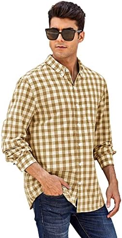 חולצות פופלין משובצות לגברים חולצות כפתור צווארון מכופתרות חולצות שרוול ארוך בכושר רגיל