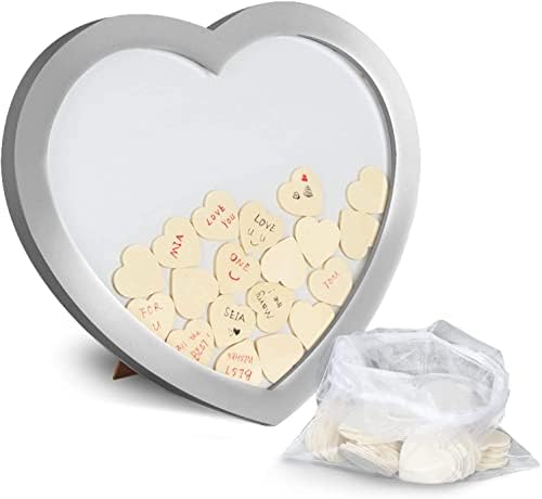 ספר אורחים לחתונה בשוק הקניות-מסגרת עליונה בצורת לב אלגנטית עם 60 לבבות עץ בתיק-רעיונות כניסה מותאמים אישית חלופיים-11.81 אינץ 'על 11.22 אינץ' על 0.59 אינץ ' - כסף