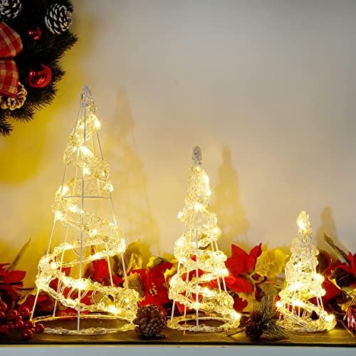 סט אדרויט של 3 אור עץ חרוט חג המולד אור הובל, קישוטי עץ חג המולד ספירלה אקריליקית, קישוטי עץ חג המולד של סוללה, אורות חיצוניים מקורה המופעלים על סוללה למסיבת חג המולד של גן גן בית