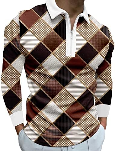 חולצות פולו רוכסן של XXBR Mens, עבודת אופנה משובצת ספורט משובצת משובצת פסים פסים רגילים מתאימים טניס טניס חולצת טניס