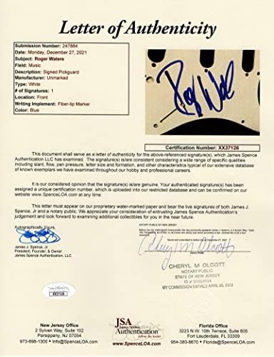 רוג 'ר ווטרס חתם על חתימה בגודל מלא פנדר שחור גיטרה חשמלית ב 'עם ג' יימס ספנס ג ' יי. אס. איי מכתב אותנטיות-פינק פלויד עם ניק מייסון ודייויד גילמור-החלילן בשערי השחר, צלחת של סודות, עוד, אומגוממה, אמא