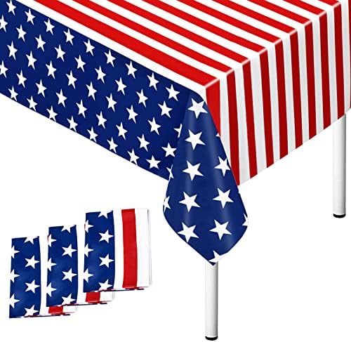 3 חבילה 4 ביולי שולחן שולחן 54 x 72, בד שולחן פלסטיק דגל אמריקאי חד פעמי, קישוטים ליום הוותיקים, אנדרטה, פטריוטית, רביעית ביולי, עצמאות, שולחן ארהב מכסה את עיצוב ציוד המסיבות