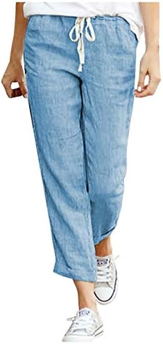 מכנסי קאפרי לנשים, חוף משקל קל משקל רזה בכושר פאלאצו קפרי אורך פשתן כותנה מכנסיים קצוצים לנשים