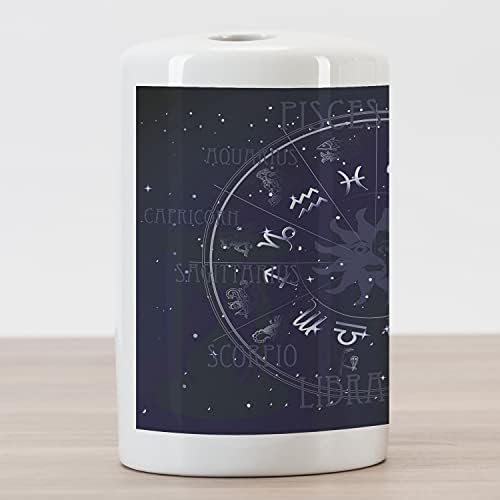 Ambesonne Astrology Ceramic Ceramic Holder, הורוסקופ גלגל גלגל המזלות בצורת גלגל מעגל על ​​כוכב נראה הדפס רקע, דקורטיבי רב -תכליתי לחדר אמבטיה, 4.5 x 2.7, כחול כהה ולבן