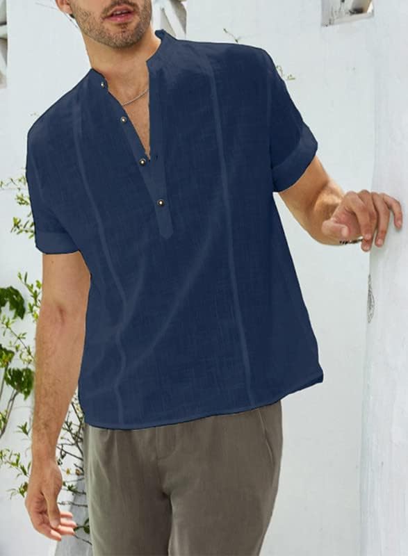 Dokotoo Mens 2023 קיץ מזדמן שרוול קצר שרוול כותנה פשתן חולצות עמד
