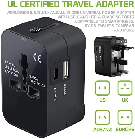 Travel USB פלוס מתאם כוח בינלאומי תואם ל- LG V30 עבור כוח עולמי לשלושה מכשירים USB Typec, USB-A לנסוע בין ארהב/איחוד האירופי/AUS/NZ/UK/CN