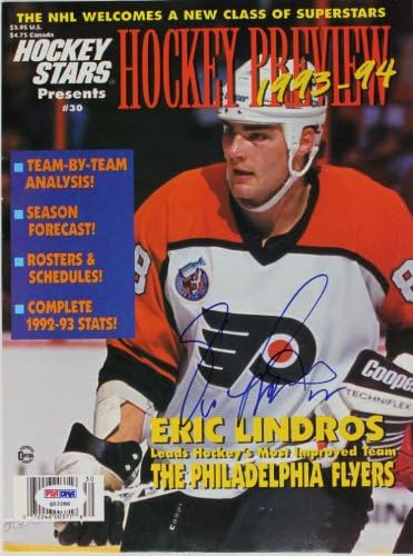פליירים אריק לינדרוס אותנטי חתום 1993 מגזין הוקי 1993 PSA/DNA Q12286