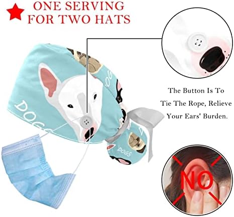 2 חבילות כובע ניתוח עם רצועת זיעה, כובעי בופנט נושמים שיער ארוך, כובעי קרצוף אחות מתכווננים תגי כלבים